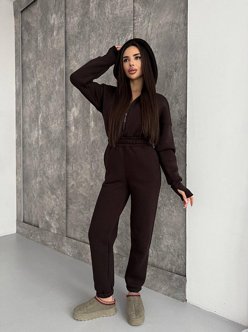 Жіночий теплий повсякденний комбінезон із капюшоном тринитка на флісі Шоколад, 48/50 Одеса - фото 7