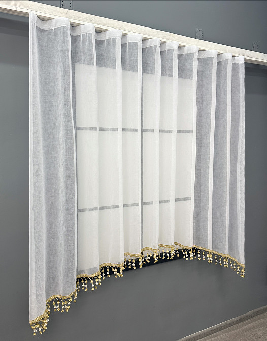Кухонна арка VR-Textil № 000к мікро-льон з бахромою білий з молочним і бежевим 270х155 см (51-253) Київ - фото 2