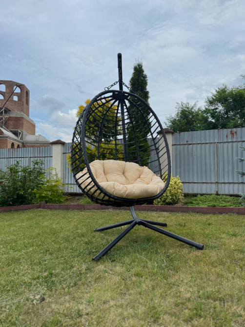 Підвісне садове крісло гойдалка (кокон / гніздо) SAN VITO з м'якою бежевою подушкою, Чорний Київ - фото 8