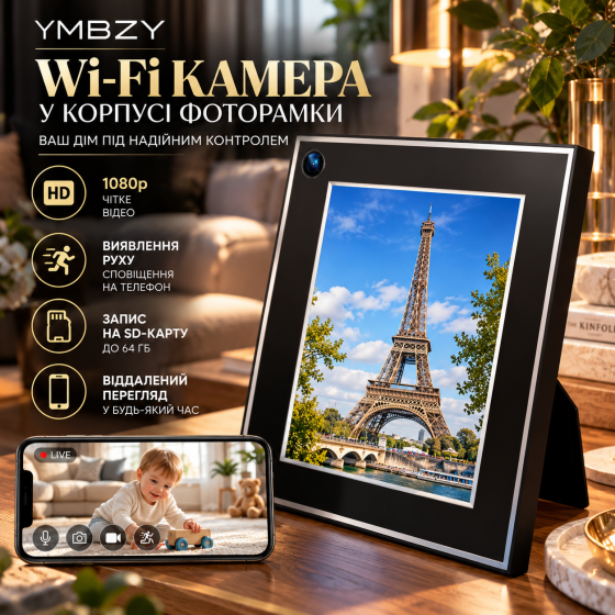 Wi-Fi камера 1080p у корпусі фоторамки YMBZY, виявлення руху, запис на SD до 64 ГБ, віддалений перегляд, для дому та дітей Київ