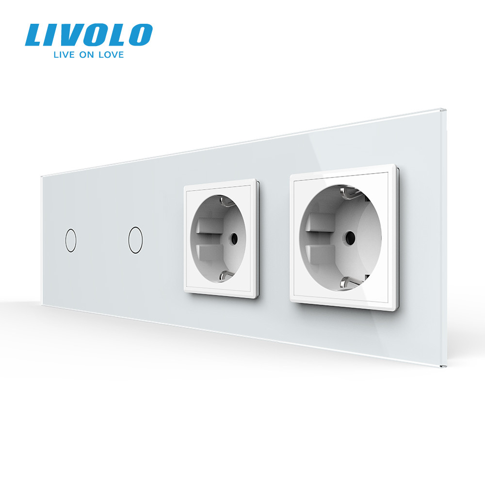 LIVOLO Сенсорний вимикач 2 сенсора (1-1) 2 розетки Livolo білий скло (VL-C701/C701/C7C2EU-11) Коломия - фото 1