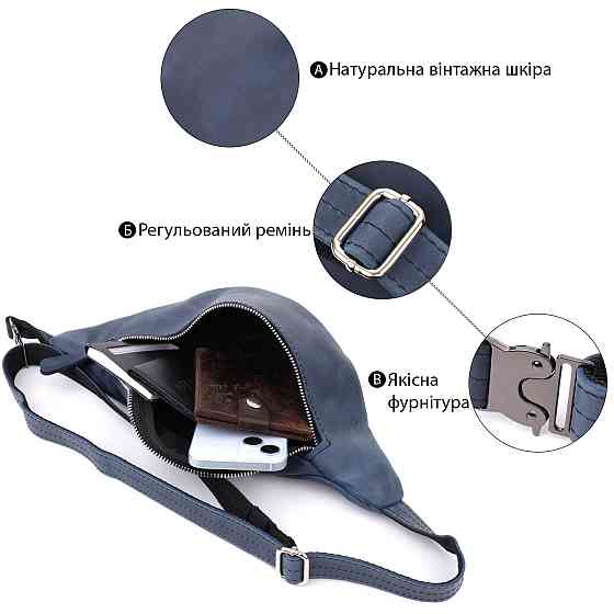 Мужская бананка отменного качества из винтажной натуральной кожи Shvigel 23141 Синий Киев