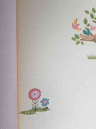 Обои виниловые на флизелине AdaWall Ada Kids метровые детские цыпленок бабочки птицы сердечки цветы на желтом Киев