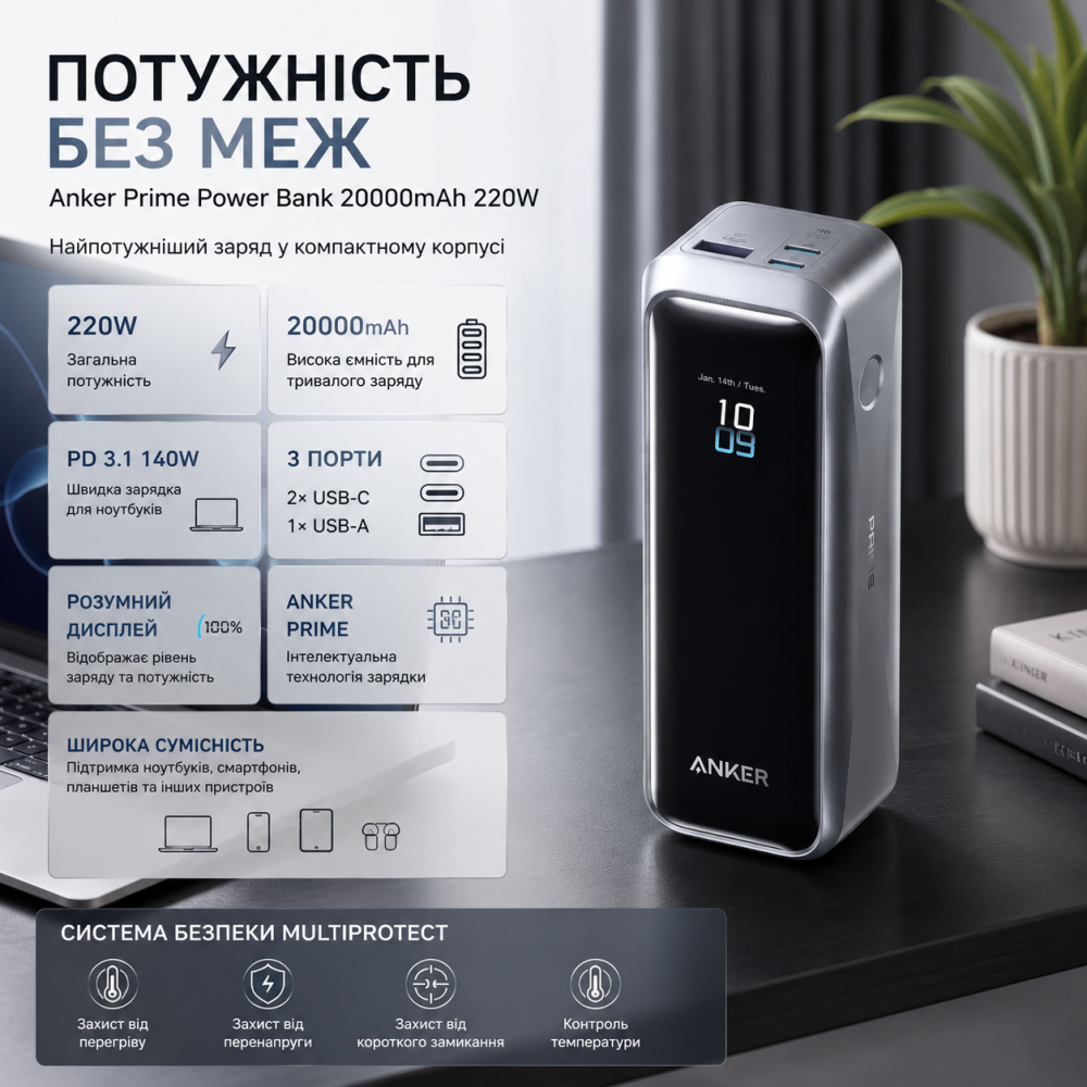 Павербанк Anker Prime 20000mAh 220W Швидка зарядка PD 140W Зовнішній акумулятор для ноутбука та MacBook Чорний Київ - фото 1