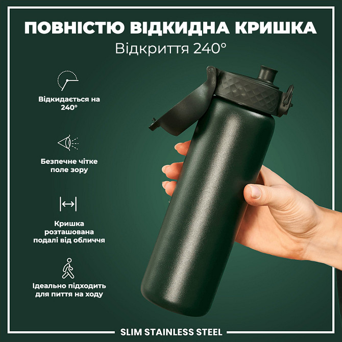 Пляшка для води металева ION8 600 мл. Stainless Steel, Dark Green Кам'янське - фото 3