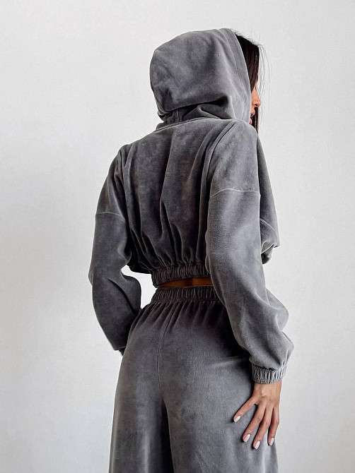 Женский стильный прогулочный костюм тройка турецкий велюр спорт Графит, 42/44 Одесса - изображение 3