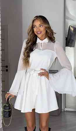 Женское нежное платье с шифоновыми рукавами и воланами костюмка + шифон Молочный, 42/44 Одесса