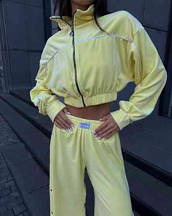 Женский теплый стильный костюм тройка из мягкого велюра. Лимонный, 46/48 Одесса