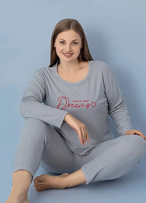 Тепла жіноча піжама з довгим рукавом локшина сіра U7484 2XL Київ - фото 1