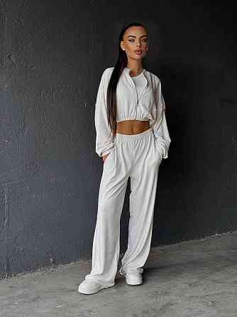 Женский прогулочный костюм двойка: кофта и штаны велюр мрамор Молочно-серый, 44/46 Одесса