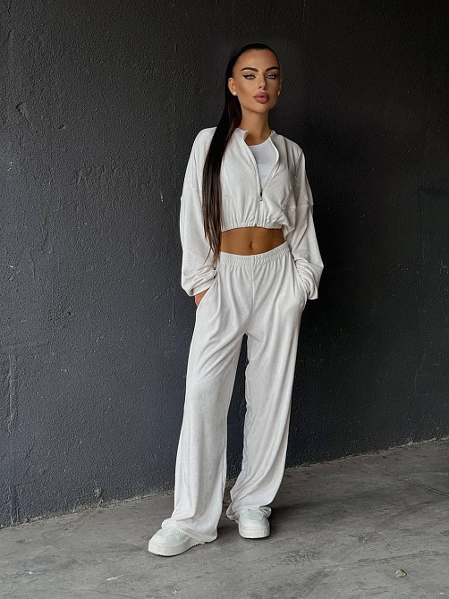 Женский прогулочный костюм двойка: кофта и штаны велюр мрамор Молочно-серый, 44/46 Одесса - изображение 1