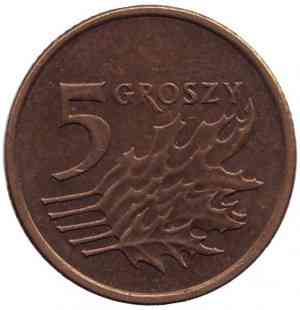 Дубове листя. Монета 5 грошів. 1990-2021 рік, Польща. (В) Полтава
