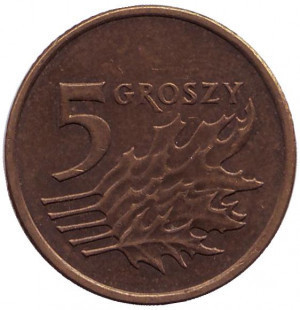 Дубове листя. Монета 5 грошів. 1990-2021 рік, Польща. (В) Полтава - фото 1