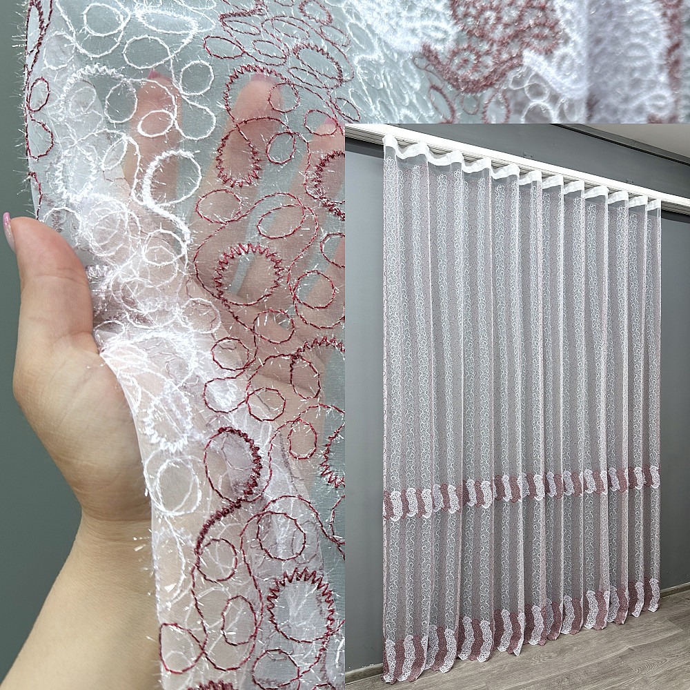 Тюль органза з вишивкою та люрексом колір бордовий з білим 1688т Київ - фото 1