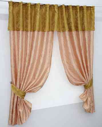 Кухонні штори VR-Textil № 073к з ламбрекеном і підхватами персиковий з золотистим 270х170 см (52-0179) Київ