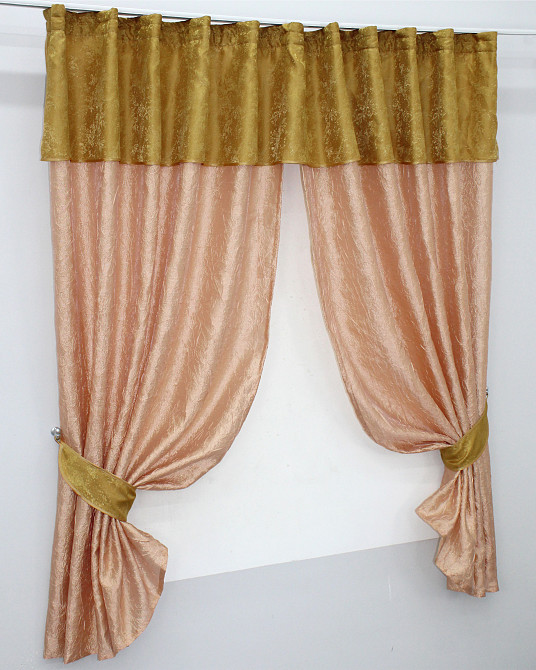 Кухонні штори VR-Textil № 073к з ламбрекеном і підхватами персиковий з золотистим 270х170 см (52-0179) Київ - фото 2