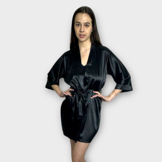 Халат женский атласный под пояс длина 90см Черный 3XL/4XL Харьков