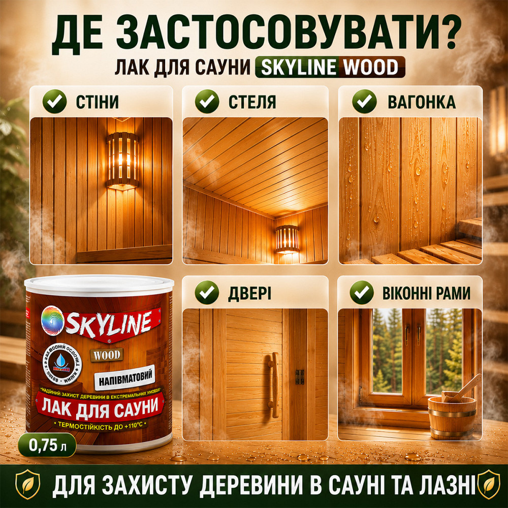 Лак для сауны SkyLine WOOD 0.75 л — акриловый полуматовый лак для дерева, прозрачный, без запаха, термостойкий до +110°C Харьков - изображение 3