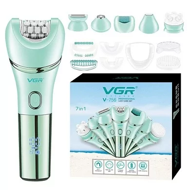 Епілятор жіночий VGR V-756 (7 насадок) вологозахист Зелений Вінниця - фото 1