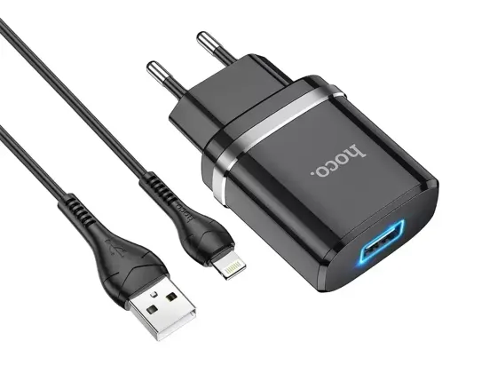 Сетевое зарядное устройство Hoco N1 Ardent 220V (12W, 5V/2.4A) с подсветкой USB и кабелем Lightning для iPhone/iPad Одесса