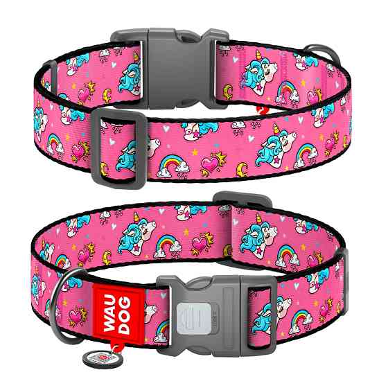 Нашийник для собак нейлоновий WAUDOG Nylon з QR паспортом, малюнок "Єдиноріг", пластиковий фаст Коломыя