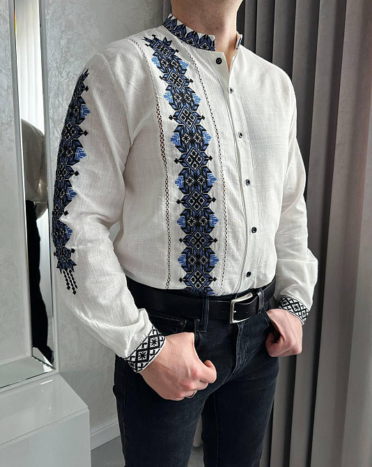 Мужская вышиванка в традиционном украинском стиле домотканый лен Одесса - изображение 1