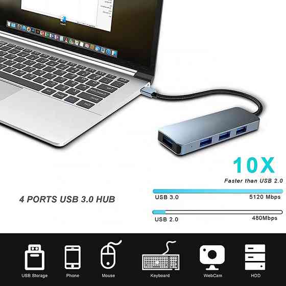 USB 3.1 Type-C хаб-распределитель на 4 порта USB 3.0/2.0, металл, поддержка BC1.2 Киев