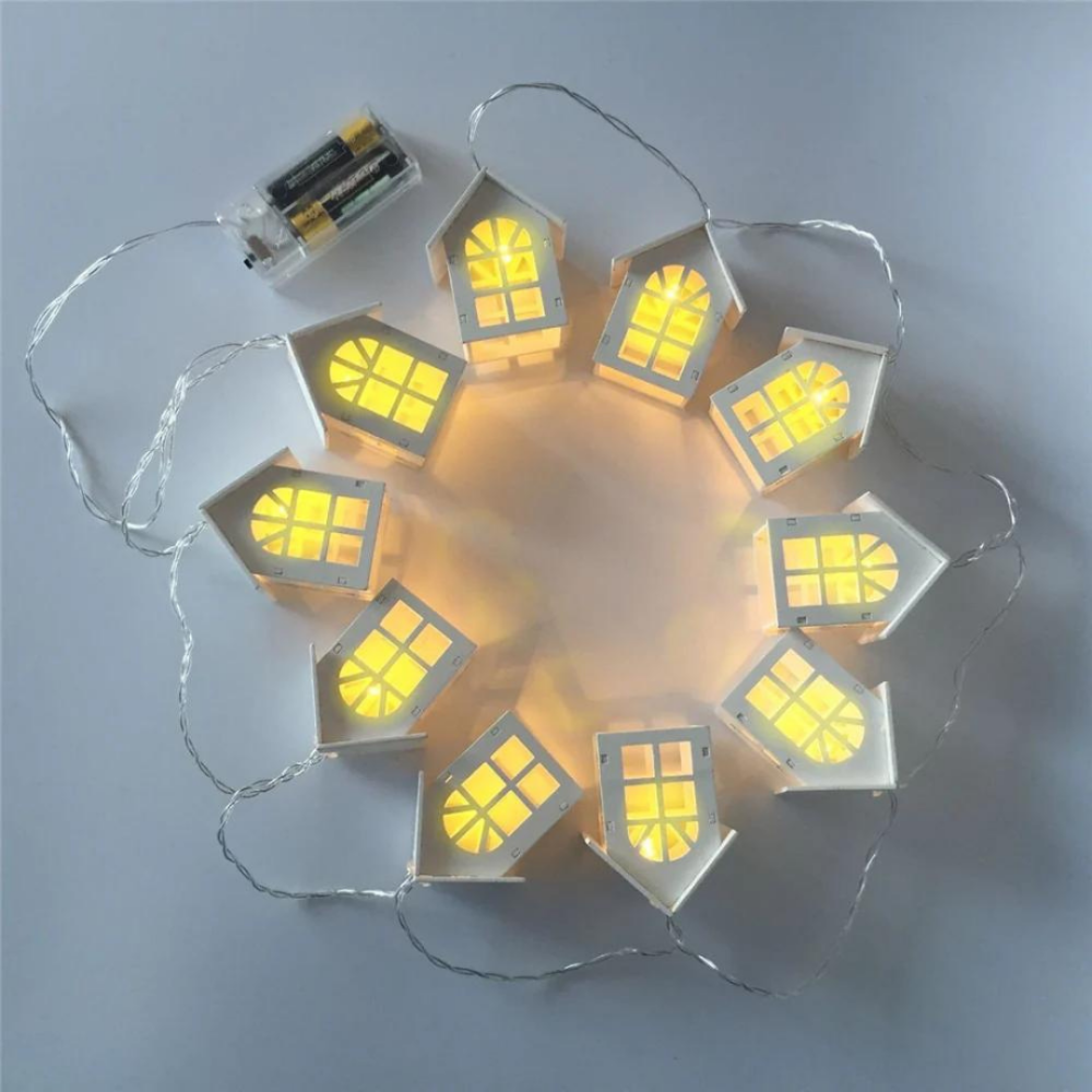 Гирлянда на батарейках деревянные домики NikiLight новогодний декор 10лед 2м тепло белый Батарейки в комплекте Киев - изображение 6