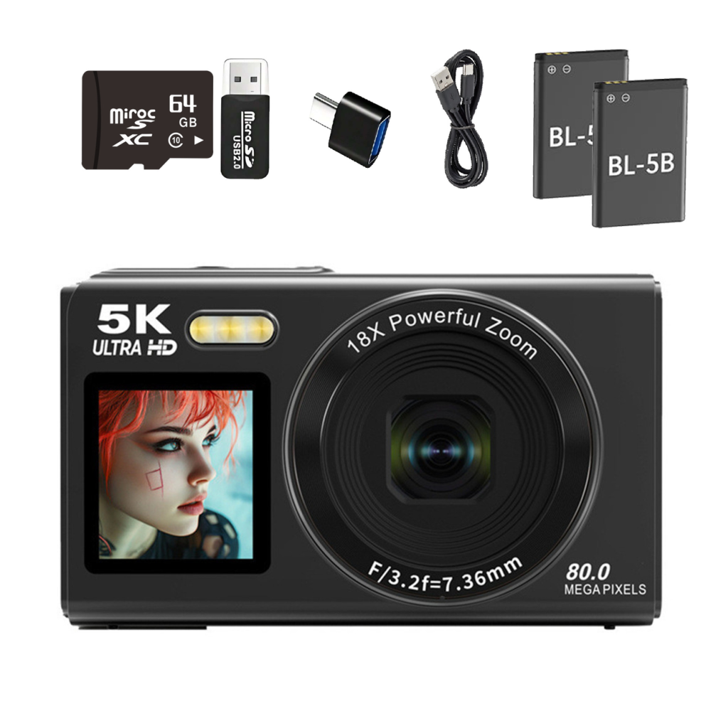 Цифрова камера 5K 80 МП Wi-Fi з подвійним екраном, EIS, 18x Zoom, 2 акумулятори + карта 64 ГБ, чорна Київ - фото 4