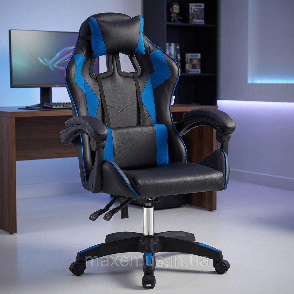Геймерское игровое кресло Bonro B-0519 Черно-Синее для компьютера (до 150 кг) с откидной спинкой и подушками Мостиська - фото 12