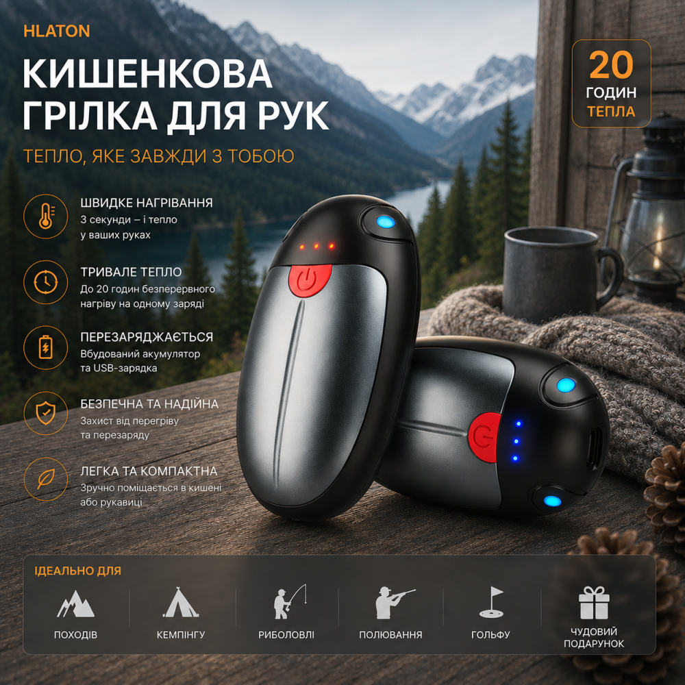 Комплект аккумуляторных грелок для рук HAWANA 2-в-1 — до 20 часов тепла, 3 режима нагрева, Aluminum Premium, Серые Киев - изображение 8
