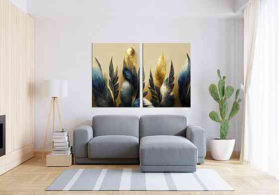 Модульная картина в гостиную / спальню Синьо-золоті пір'я   TLV-2_146 90x132  см Киев