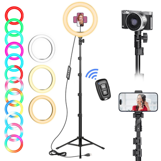 Кільцева світлодіодна RGB LED лампа 26 см зі штативом 160 см, Bluetooth пульт, 22 режими освітлення, набір блогера для фото Київ