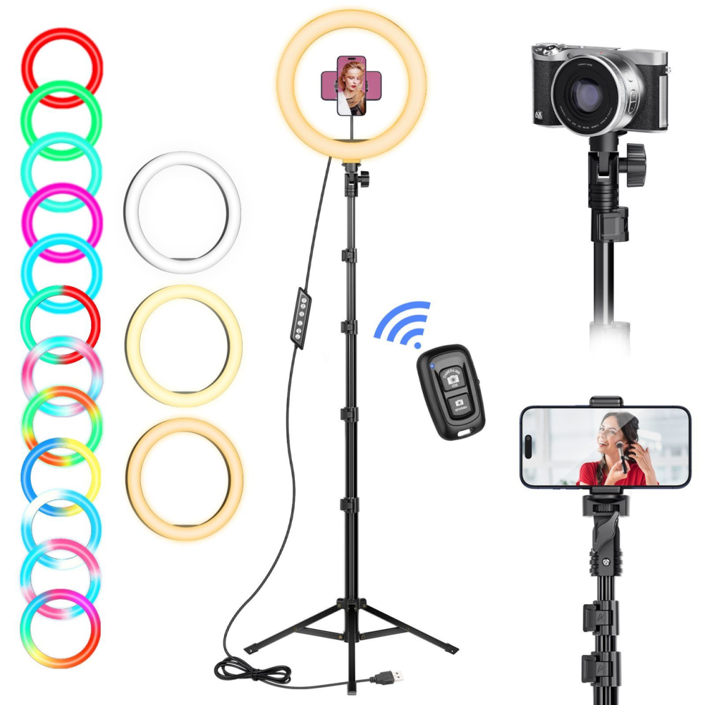 Кільцева світлодіодна RGB LED лампа 26 см зі штативом 160 см, Bluetooth пульт, 22 режими освітлення, набір блогера для фото Київ - фото 1