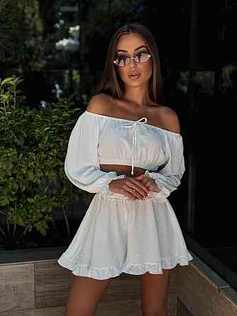 Женский легкий романтичный костюм двойка: топ и шорты американский креп жатка Одесса