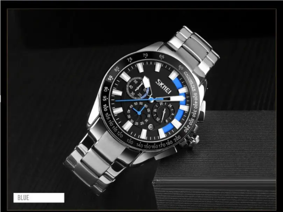 Класичний наручний годинник Skmei 9167 Чорний циферблат з синім Київ