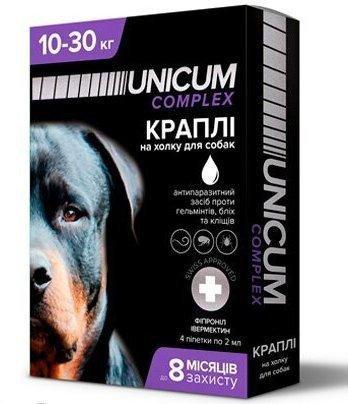 Капли Unicum Complex (Уникум Комплекс) от гельминтов, блох и клещей на холку для собак 10-30 кг упаковка 4 пип Винница - изображение 1