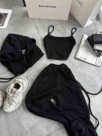 Жіночий повсякденний костюм-трійка: кофта топ і штани двонитка Чорний, 42/44 Одеса