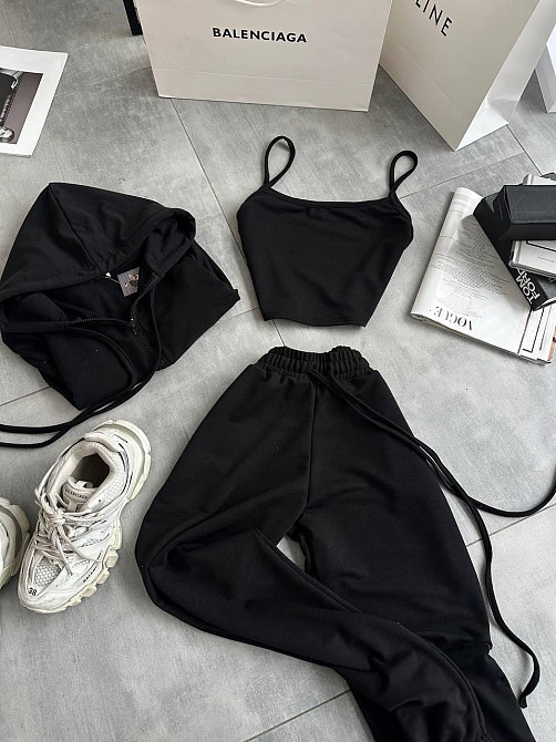 Женский повседневный костюм тройка: кофта топ и штаны двунить 42/44, Черный Одесса - изображение 2