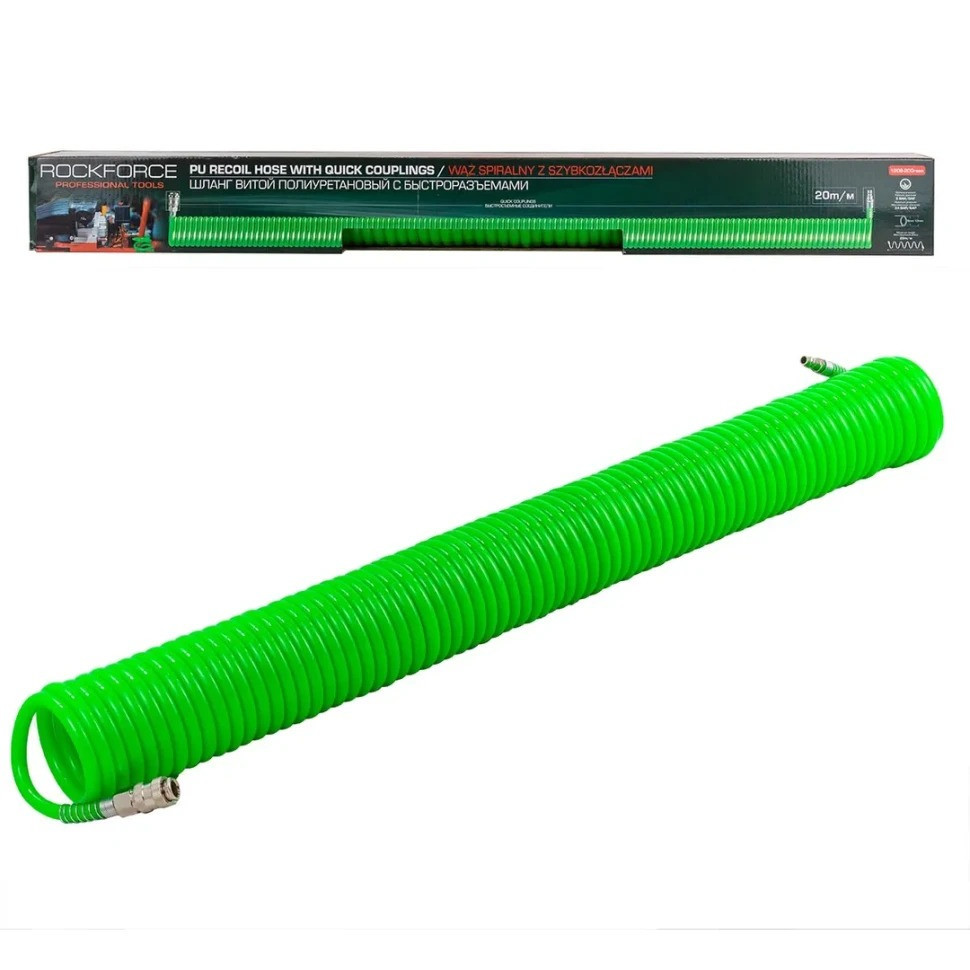 Шланг витой полиуретановый 12мм х 8мм х 20м с быстроразъемами RockForce RF-1208-20Green Одесса - изображение 1