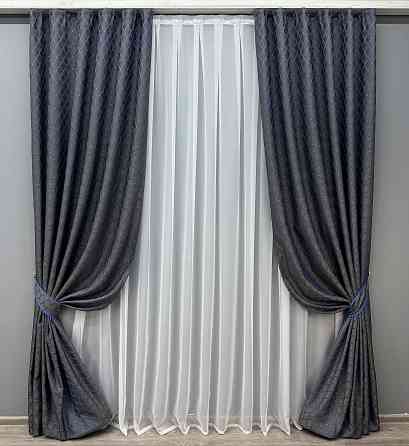 Комплект готових штор VR-Textil Жакард RUBI № 1756ш Графітовий з синім 100х300 см 2 шт (31-814) Київ