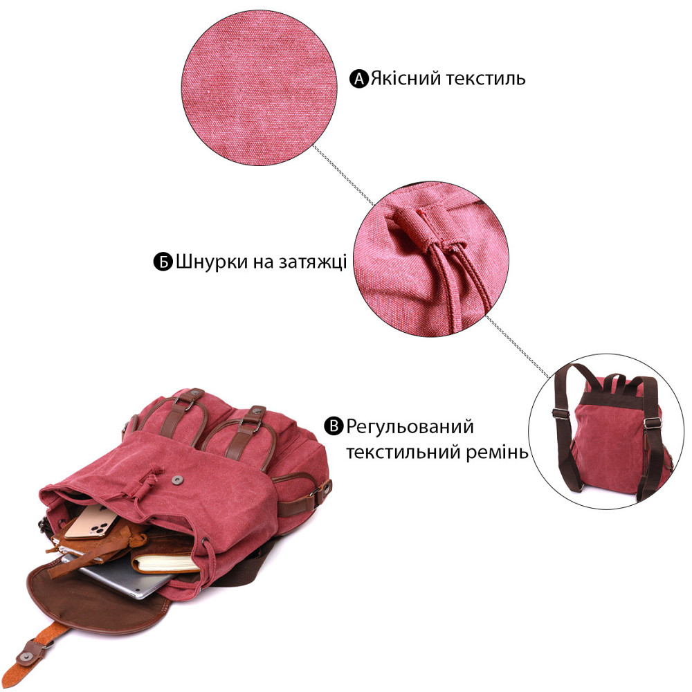 Удобный текстильный рюкзак что закрывается клапаном на магнит Vintage 22153 Бордовый Киев - изображение 5