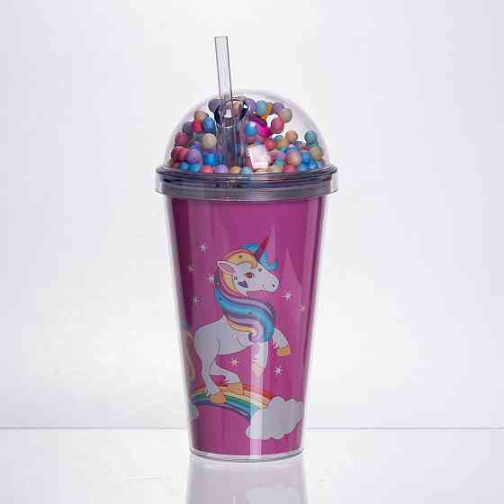 пластикова склянка з трубочкою та кришкою 400 (мл) багаторазова пластикова склянка Малиновий HP-18-2P Коломия