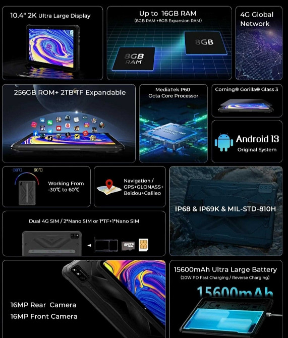 Планшет: 15 600Мач. HOTWAV R6 Ultra 8/256Gb. 4G. IPS 10.4" 2K IP68 IP69K. Київ - фото 8