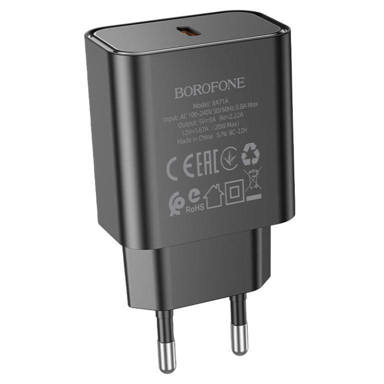 Мережевий зарядний пристрій BOROFONE BA71A Power single Port PD20W charger, колір чорний BA71AB Одеса - фото 1