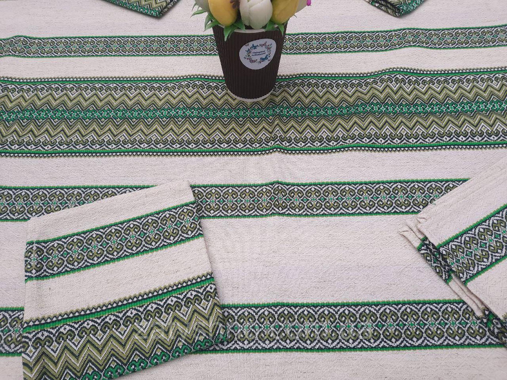 Зелена скатертина з серветками на льону машинна вишивка 230*140 Київ - фото 4