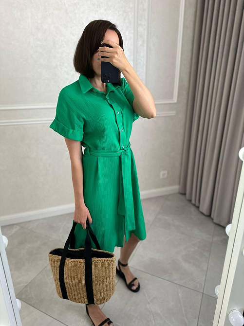 Жіноче легке базове плаття халат із поясом на ґудзиках турецька натуральна бавовна — муслін Трава, 48/50 Одеса - фото 4