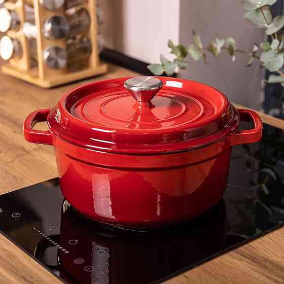 Каструля чавунна емальована 3 л з кришкою Ø24 см Червона HP-1-3R Коломия