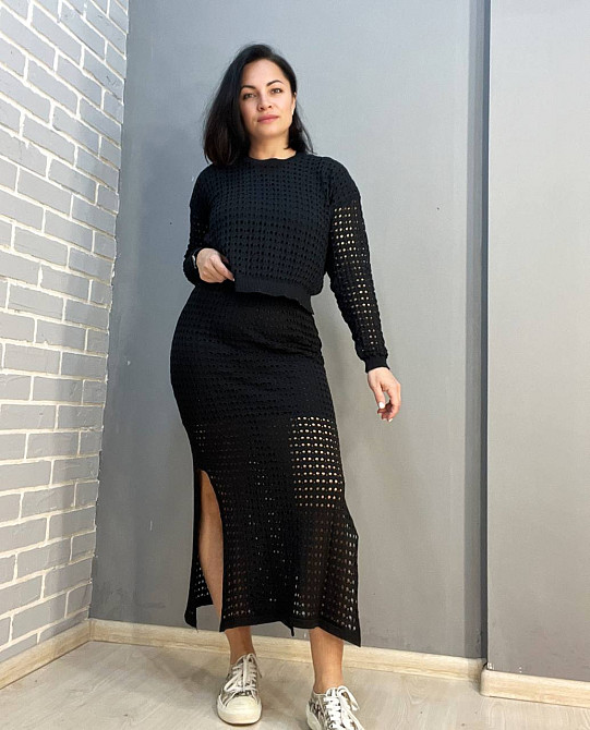 Костюм жіночий MINTAS 4204-2414 прозорий сітка ажурна в'язка реглан зі спідницею розрізи по боках one size, чорний, one size Київ - фото 1