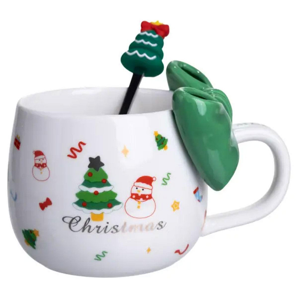 Новорічна порцелянова чашка з ложкою Merry Christmas 400 (мл) Зелений Yiwu FM-CS-19B Київ - фото 6